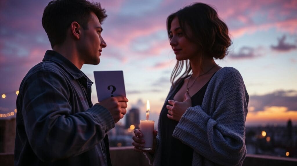 Couple discussing deep dating questions on a date