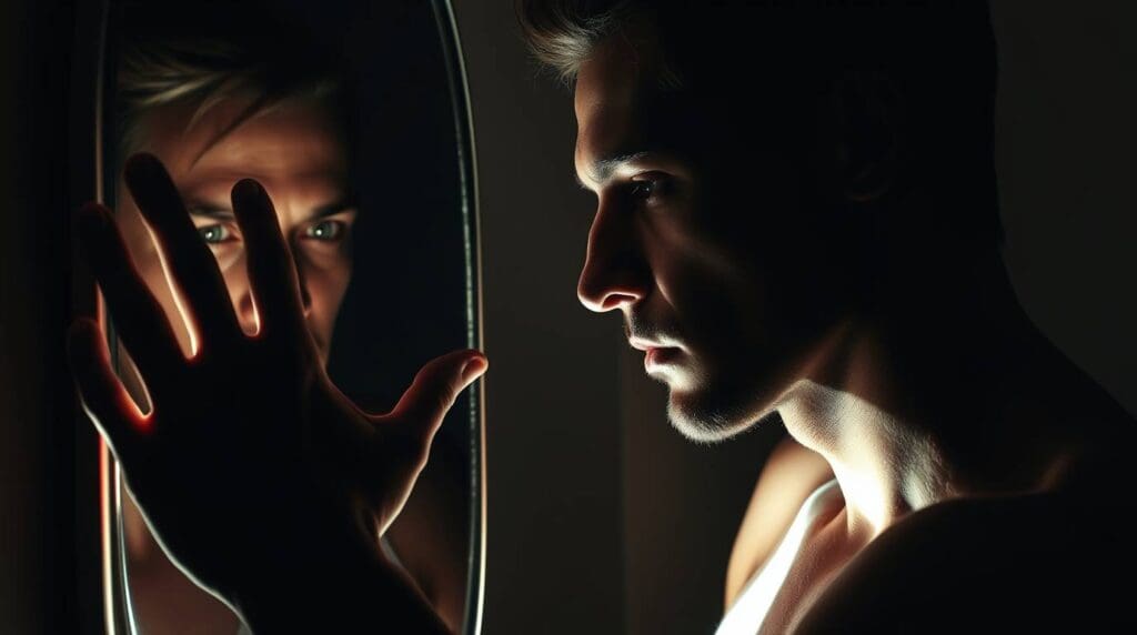 A man touching his reflection in the mirror