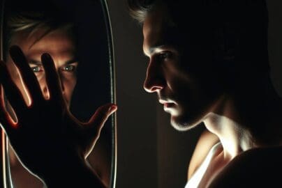 A man touching his reflection in the mirror