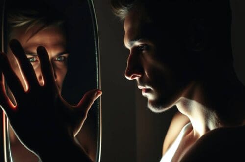 A man touching his reflection in the mirror