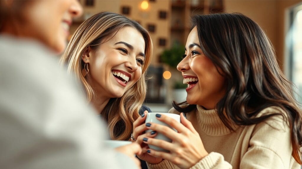 Women chatting and laughing over coffee