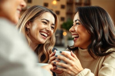Women chatting and laughing over coffee