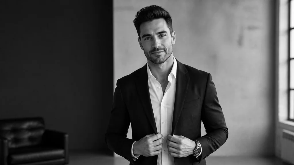 Man in a suit adjusting his jacket, looking at the camera in a bright, modern room (bw).