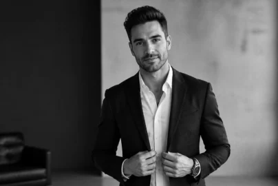 Man in a suit adjusting his jacket, looking at the camera in a bright, modern room (bw).