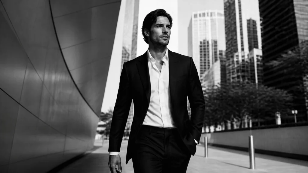 Man in a black suit and white shirt walking in an urban cityscape in black and white.