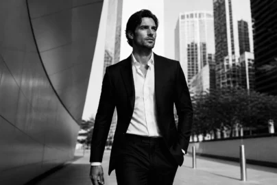 Man in a black suit and white shirt walking in an urban cityscape in black and white.