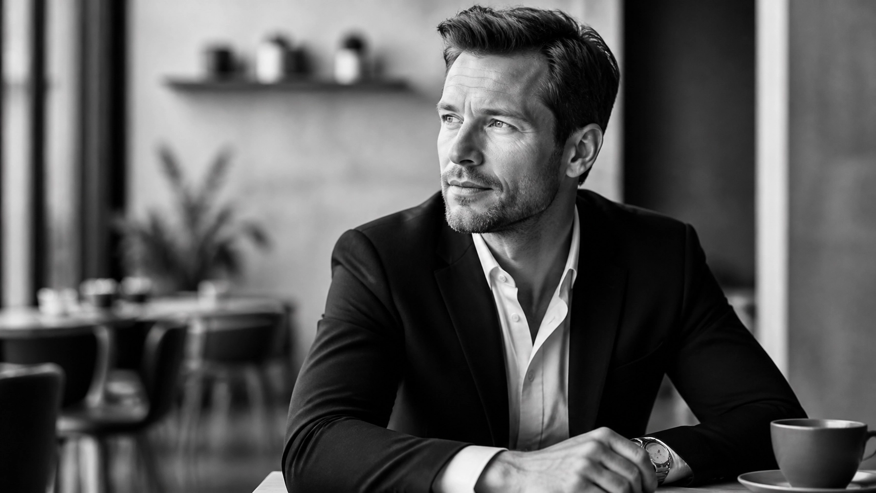 Man in a dark blazer and white shirt sits at a cafe table, looking to the right, with a cup on the table.