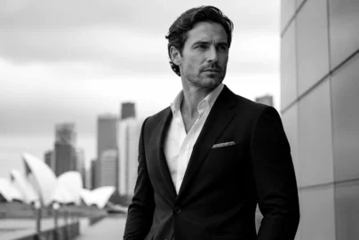 Man in a dark suit and white shirt stands outdoors in an urban setting, looking off to the side.
