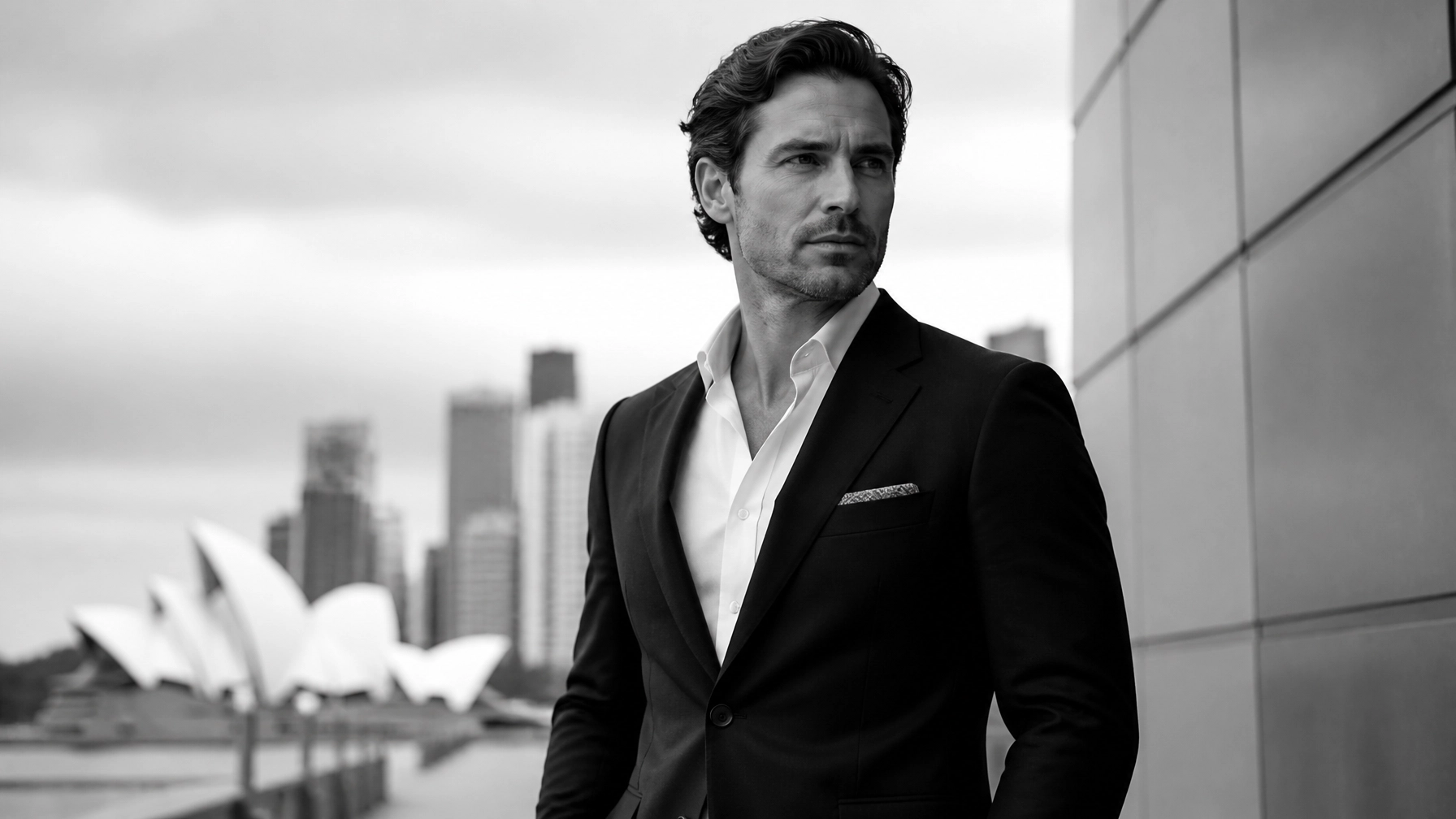 Man in a dark suit and white shirt stands outdoors in an urban setting, looking off to the side.