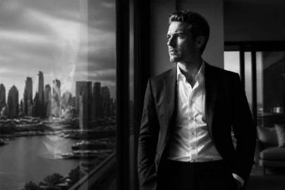 Man in a dark suit gazes out a large window, city skyline reflection visible on the glass.