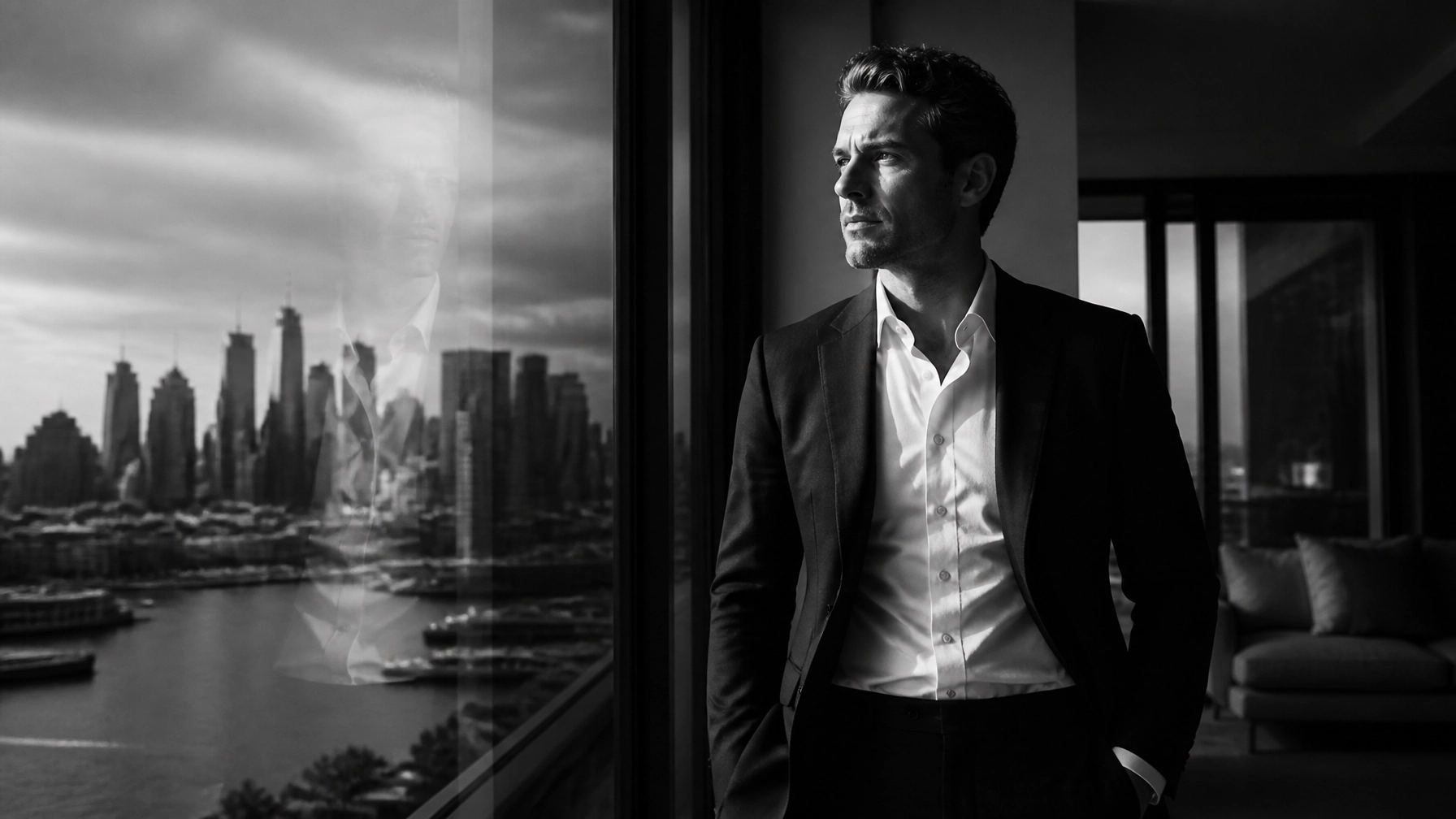 Man in a dark suit gazes out a large window, city skyline reflection visible on the glass.