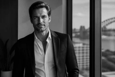 Black-and-white portrait of a man in a suit standing by a window, with an urban skyline and a bridge visible outside.