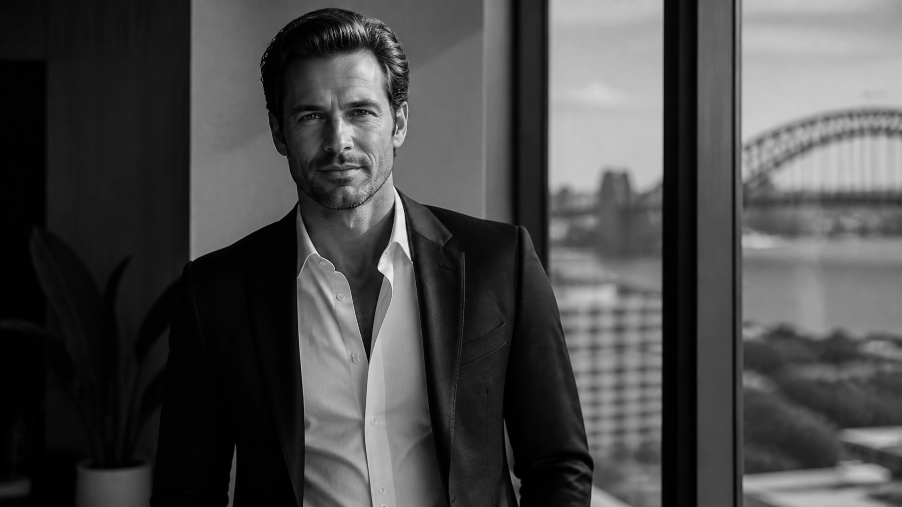 Black-and-white portrait of a man in a suit standing by a window, with an urban skyline and a bridge visible outside.