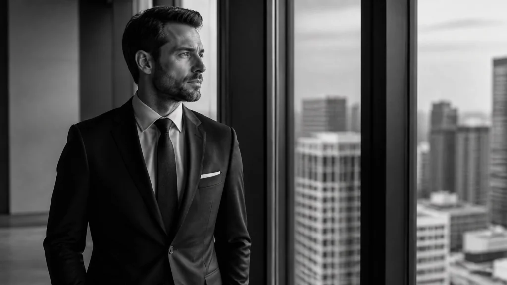 Black-and-white portrait of a man in a suit standing by a window, gazing at a city skyline.