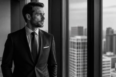 Black-and-white portrait of a man in a suit standing by a window, gazing at a city skyline.