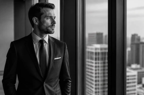 Black-and-white portrait of a man in a suit standing by a window, gazing at a city skyline.