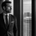 Black-and-white portrait of a man in a suit standing by a window, gazing at a city skyline.