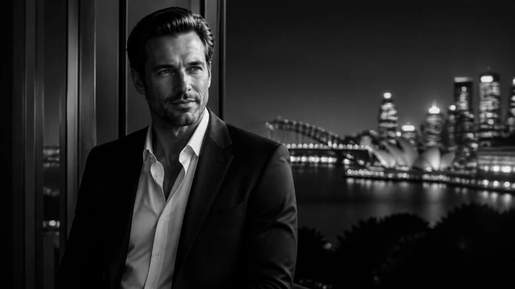 Man in a dark suit leaning on a railing at night, with a lit city skyline in the background.
