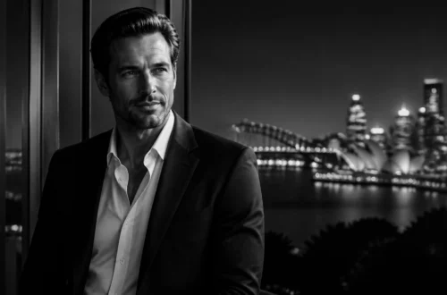 Man in a dark suit leaning on a railing at night, with a lit city skyline in the background.