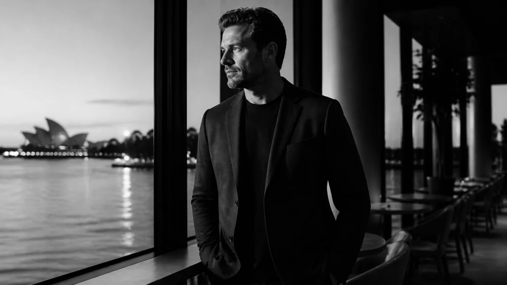 Man in a dark blazer leaning on a railing beside the water, looking pensively to the left with a cityscape and the Sydney Opera House in the distance (black-and-white).