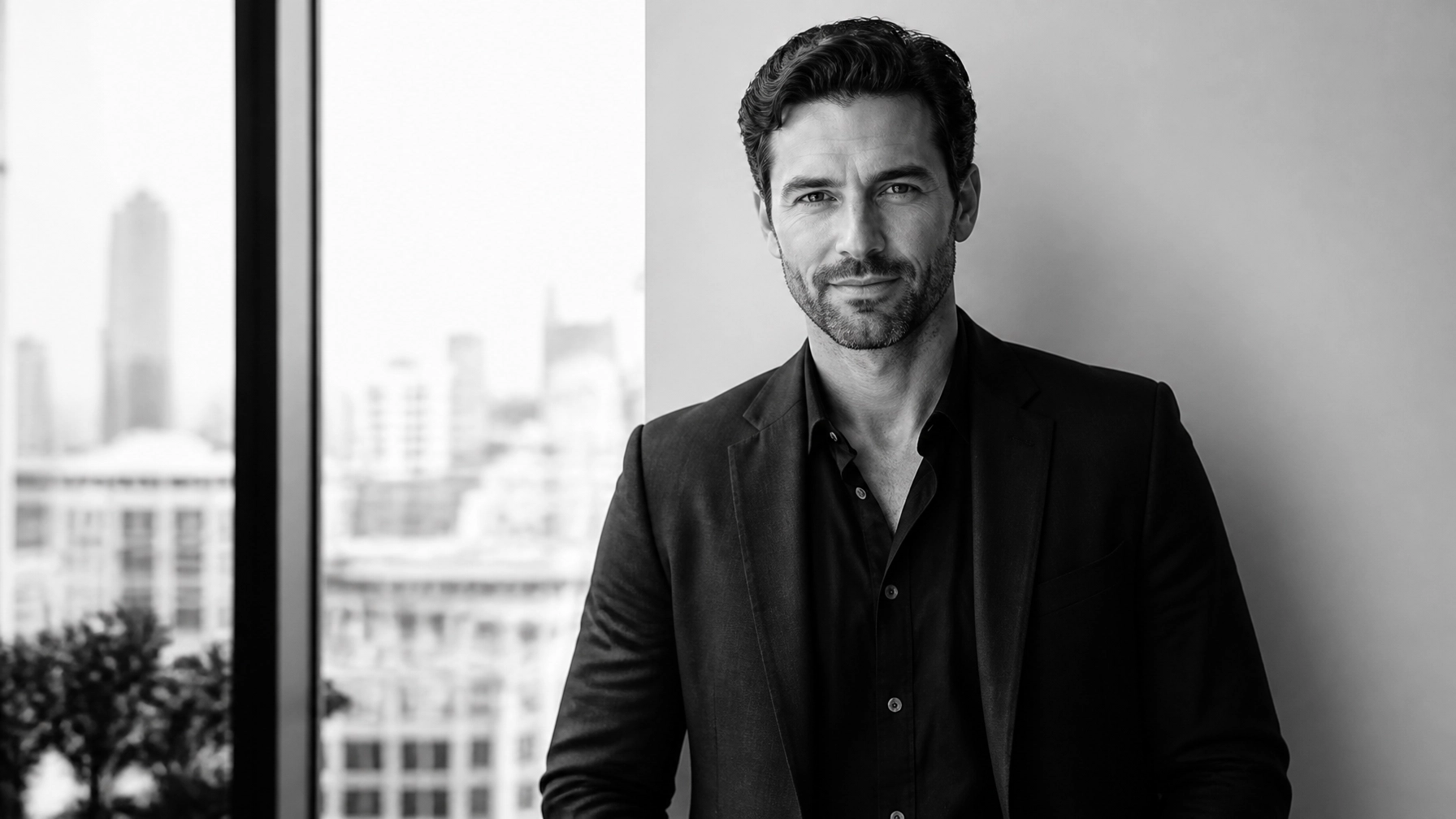 Professional portrait of a man in a black suit posing in a modern office with a city skyline in the background (black & white)